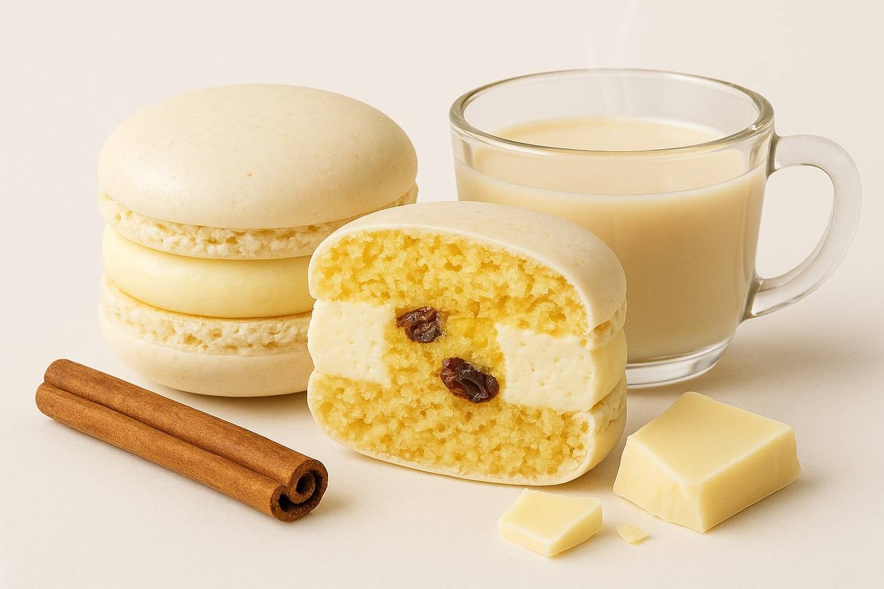 Holiday eggnog macaron with rum and spiced raisin cake center