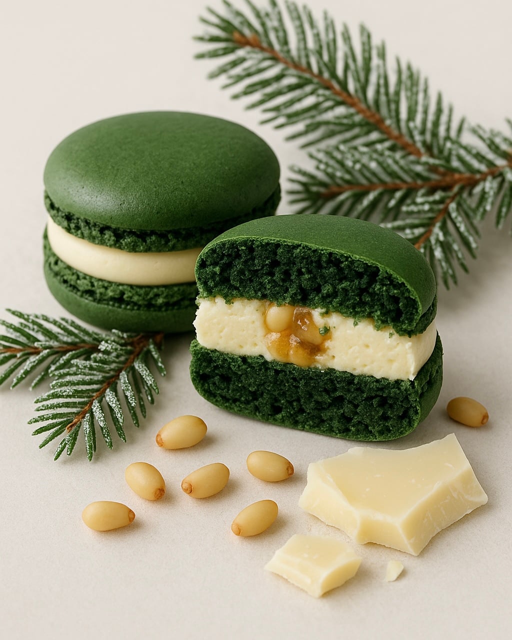 Green macaron, pine, pine nuts, white chocolate 